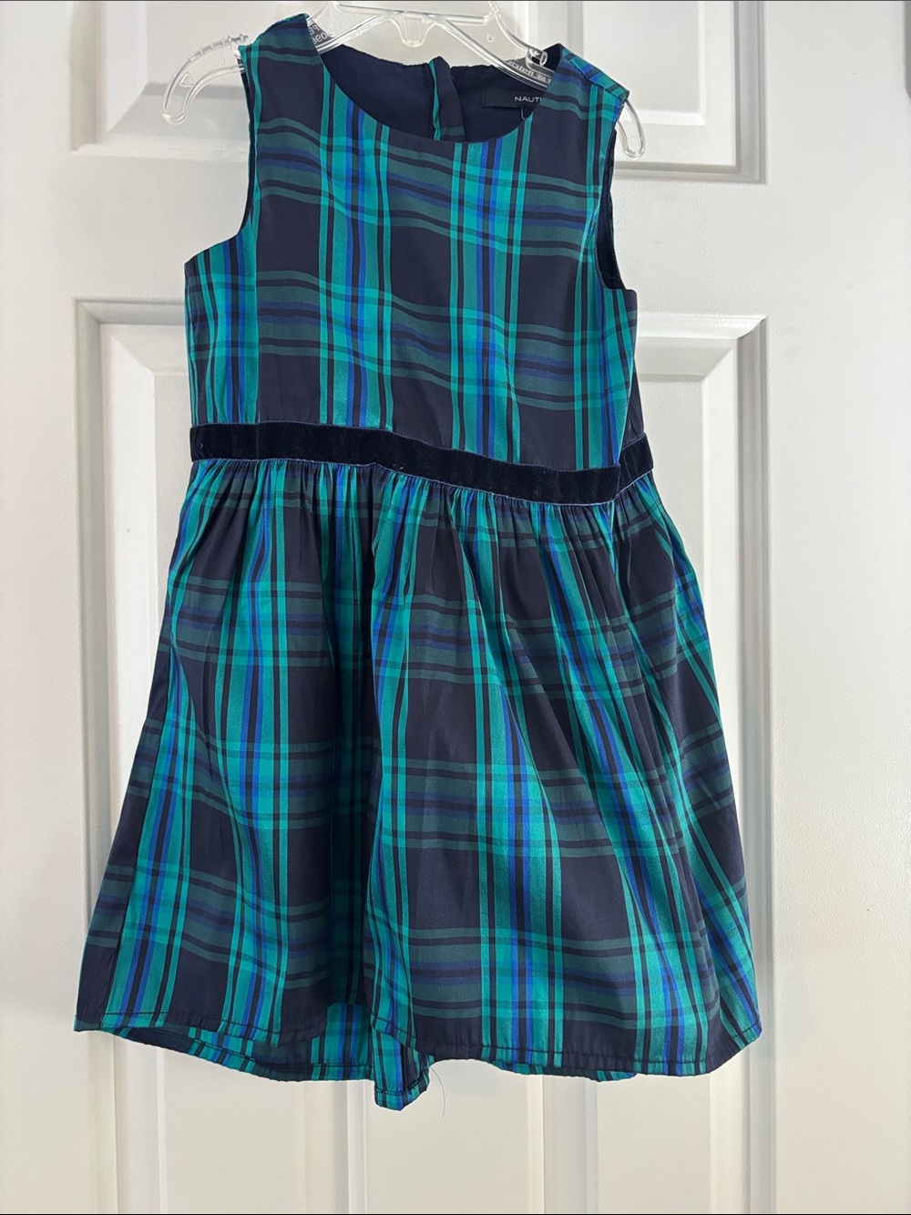 Nautica Navy & Teal Plaid Velvet-Waist Girls' Dress